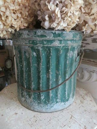 Awesome Old Vintage Metal Bucket Pail Green With Patina Use As Planter