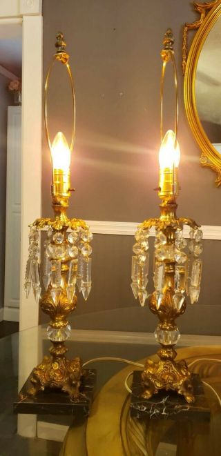 Vintage Brass Marble Base Lamps With Pointed Arrow Crystal Prisms.