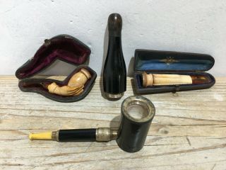Vintage Cased Meerschaum & Amber Bakelite Pipe,  Cigarette Holder Champagne Pipe