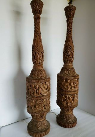 Pair (2) Vtg Hand Carved Teak Mid Century 60 " S Tiki Era Table Lamps 40 " Tall