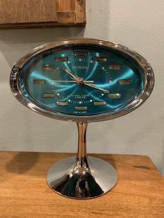 Vintage Royal Alarm Clock Mantel Aqua Chrome Pedestal Retro Space Age Mcm
