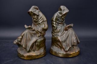 Pair Armor Bronze Friar Monk Cleric Brother Bookends W Labels Patina