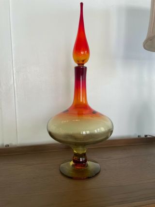 Vintage Blenko Wayne Husted Glass Flame Decanter Amberine Tangerine Orange 19”