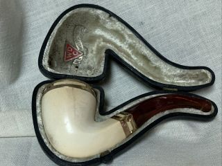 Vintage Wdc Meerschaum Pipe In Leather Case With Gold Tone Trim