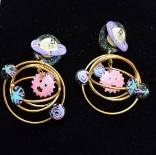 Vintage Lunch At The Ritz " Planets & Sun " Dangle Earrings,  Post,  1988