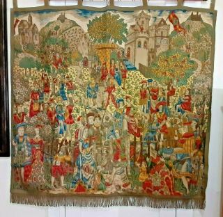 Vintage Wall Tapestry Medieval Castle Scene Woven Printed & Embroidered 54 " X45 "