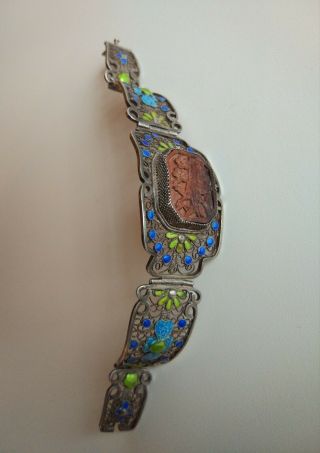 Vintage Chinese Sterling Silver Enamel Filigree Bracelet With Wood 30g 琥珀色