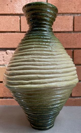 Vintage 80s Beige Green Ribbed Stoneware Ceramic Studio Pottery Vase Modern