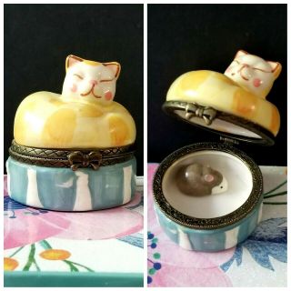 Cat & Mouse Trinket Jewelry Box Hinged Kitten Hiding Mouse In Trinket Box