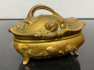 Vintage Gold Tone Metal Art Nouveau Metal Miniature Ring Casket Trinket Box