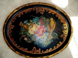 Antique 19th C.  Large Victorian Hand Painted Bird Tole Metal Toleware Tray - Euc