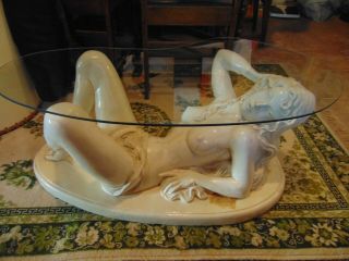 Vintage Art Nouveau Style Ceramic Nude Nymph Sculpture Table W/glass Top,  Signed