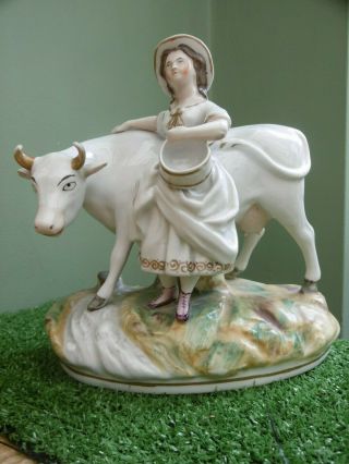 Antique 19thc Staffordshire Pottery Milkmaid & White Cow Figure C.  1870 