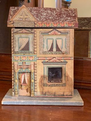 Antique R.  Bliss Wood Doll House Lithograph Paper 2 Story No Repairs