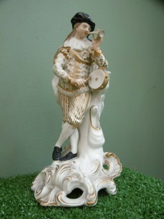 Antique 19thc Porcelain Derby Musician Figurine Playing Pipe And Drum