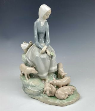 Retired Lladro Spain Girl W Piglets 4572 Painted Signed Porcelain Figurine Nml