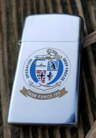 Vintage 1977 Zippo Slim Lighter Operation Deep Freeze 4 Color Two Sided