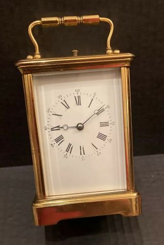 Antique French Face Brass Glass Cased Carriage Alarm Clock 5½ "