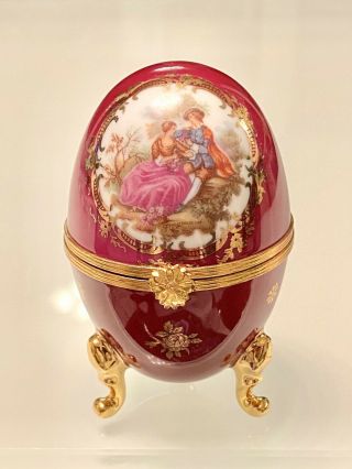 Vintage Limoges Gragonard Signed Footed Egg Shaped Hinged 4”trinket Box Euc