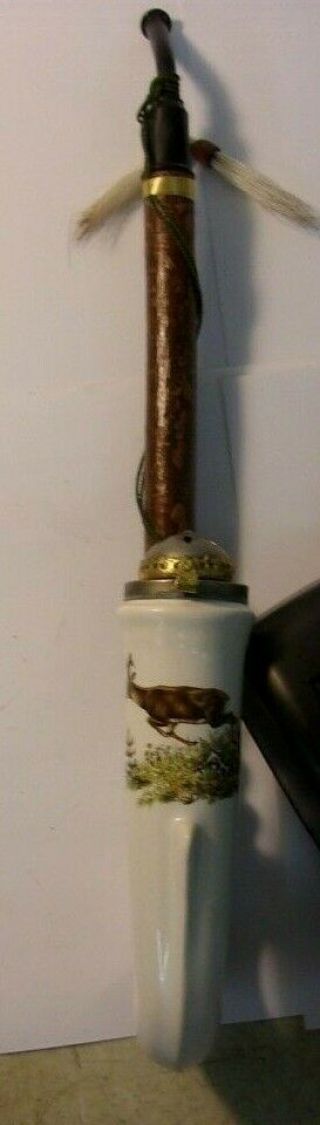 Antique Or Vintage Porcelain And Wood Tobacco Smoking Pipe With Leaping Deer