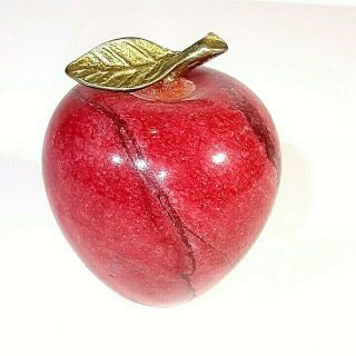 Vintage Red Marble Apple Paperweight With Brass Stem & Leaf Good Teacher Gift