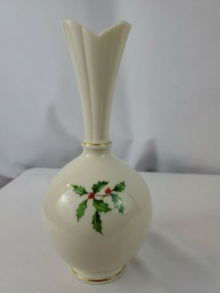 Lenox Holly Fluted Top 8 " 24 Kt Gold Edge Ivory Porcelain Bud Vase -