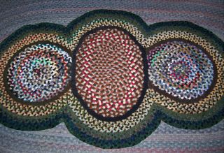 Vintage Antique Hand Made Folk Art 3 Ring Wool Braided Rug