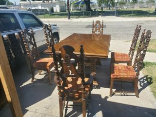 Jacobean Vintage Spanish Revival Style Table & 6 Chairs Dining Set