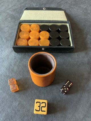 Vintage Bakelite Backgammon Set - Box W/bakelite Cup/doubling Cube/dice