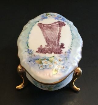 Hand Painted & Signed Oval Ceramic Trinket Vanity Box Harp & Blue Floral Footed
