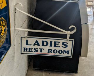 Vintage Gas Station Ladies Rest Room Double Sided Porcelain Sign With Bracket