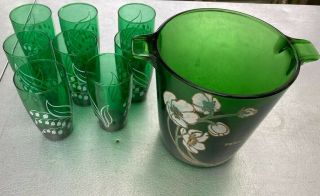 Vintage Perrier - Jouet Green Glass Champagne Ice Bucket With 8 Glasses
