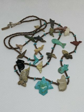 Vintage Zuni Sterling Silver,  Turquoise & Heishi Animal Fetish Necklace