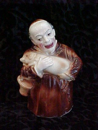 Antique Majolica Monk Holding A Pig Basket Lidded Tobacco Jar Humidor Container