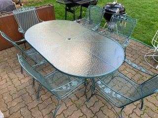 Vintage Patio Dining Table & 6 Chairs Wrought Iron Glass Top Outdoor Furniture