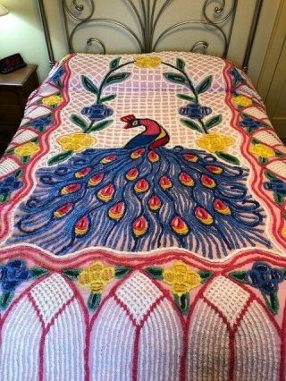 Vintage Pink Cotton Chenille Peacock Bedspread No Holes Full/queen