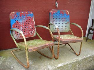 Vintage Metal Spring Chair & Rocker W/ Open Lattice Work Porch Lawn Patio