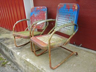 Vintage Metal Spring Chair & Rocker w/ Open Lattice Work Porch Lawn Patio 2