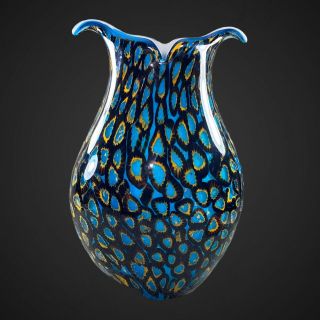 Vintage Ann Primrose Murano Turquoise Millefiori Split Lip Vase 10.  5”t 6.  5”w