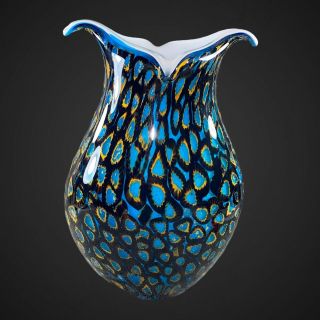 Vintage Ann Primrose Murano Turquoise Millefiori Split Lip Vase 10.  5”T 6.  5”W 2