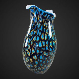 Vintage Ann Primrose Murano Turquoise Millefiori Split Lip Vase 10.  5”T 6.  5”W 3