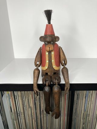 Wooden Hand Carved Bellboy Organ Grinder Monkey With Fez Shelf Sitter