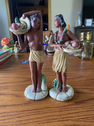 Vintage Chalkware Hawaiian Man And Woman Hula Unsigned