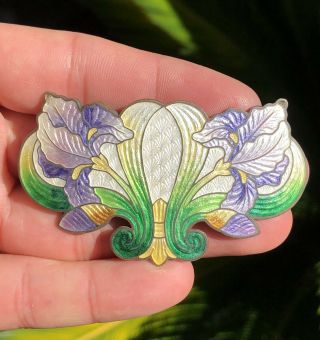 Antique Art Nouveau Guilloche Enamel Sterling Silver Flower Pin Brooch 2 7/8 "