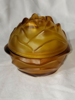 Vintage Amber Glass Rose Shaped Trinket Box From Czechoslavakia