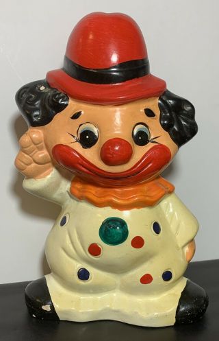 Vtg Large Cute Clown W/red Hat Ceramic Coin Bank Circus Style Unmarked