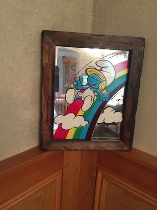 Vintage Smurfette Mirror Wood Frame Carnival Prize 12 " X10 " 80 