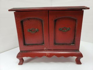 Vintage Red Japanese Wood Jewelry Box 2 Doors 4 Velvet Layered Drawers