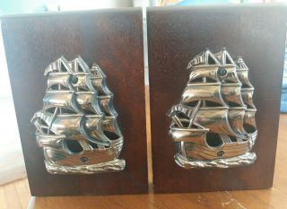 Vintage SPANISH GALLEON Sailing Ship Nautical BOOKENDS METAL 2