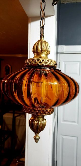 Vintage Swag Hanging Lamp With Amber Glass Shade.